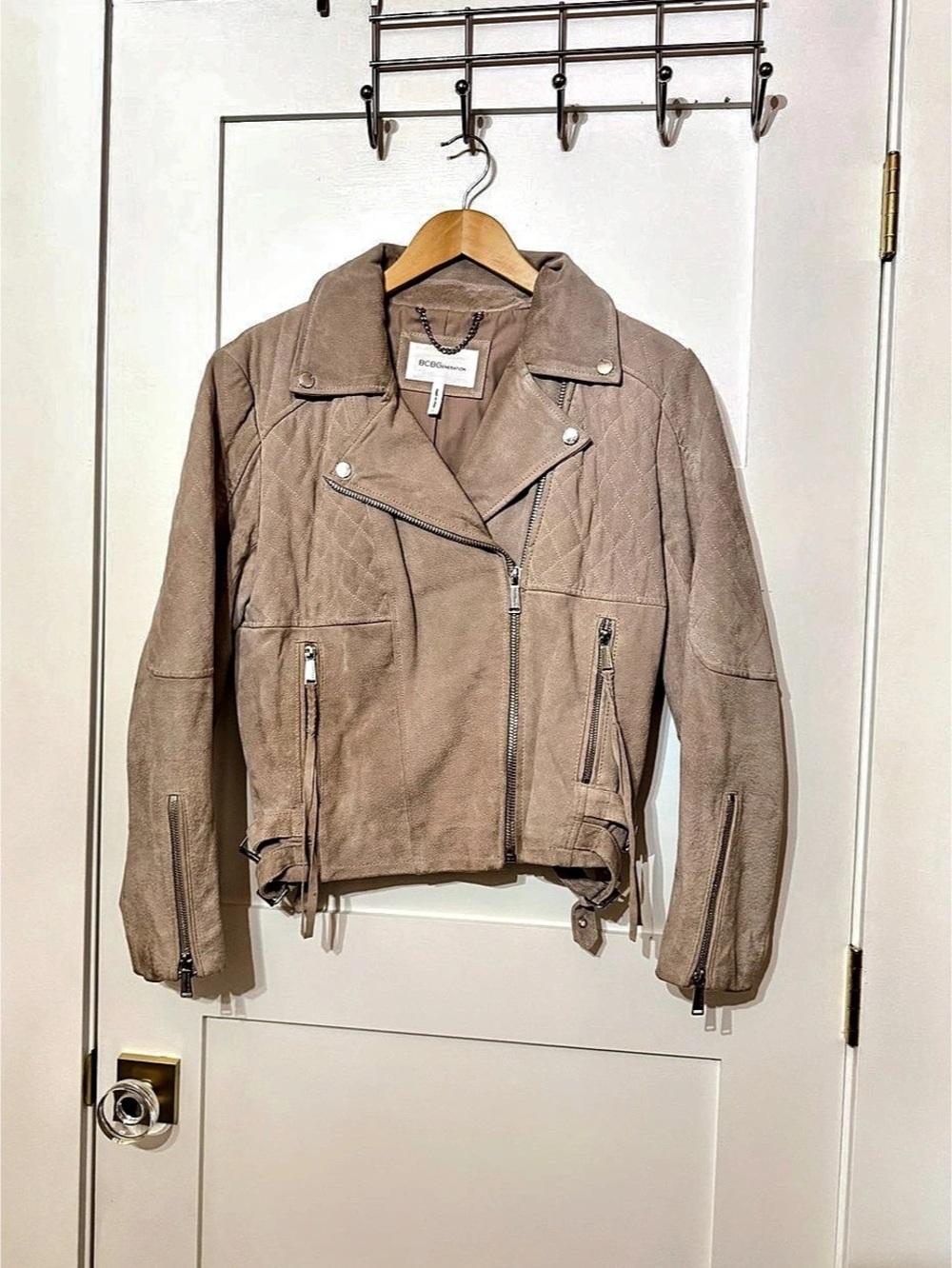 BCBG Quilted Suede Moto Jacket in Soft Pink Size Large